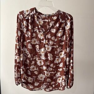 Pleione Red and Cream Buttoned Blouse with Mandarin Collar